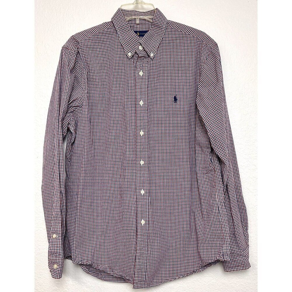 RALPH LAUREN Mens LARGE Red/Navy Check Plaid L/S Cotton Button Down SHIRT Pony